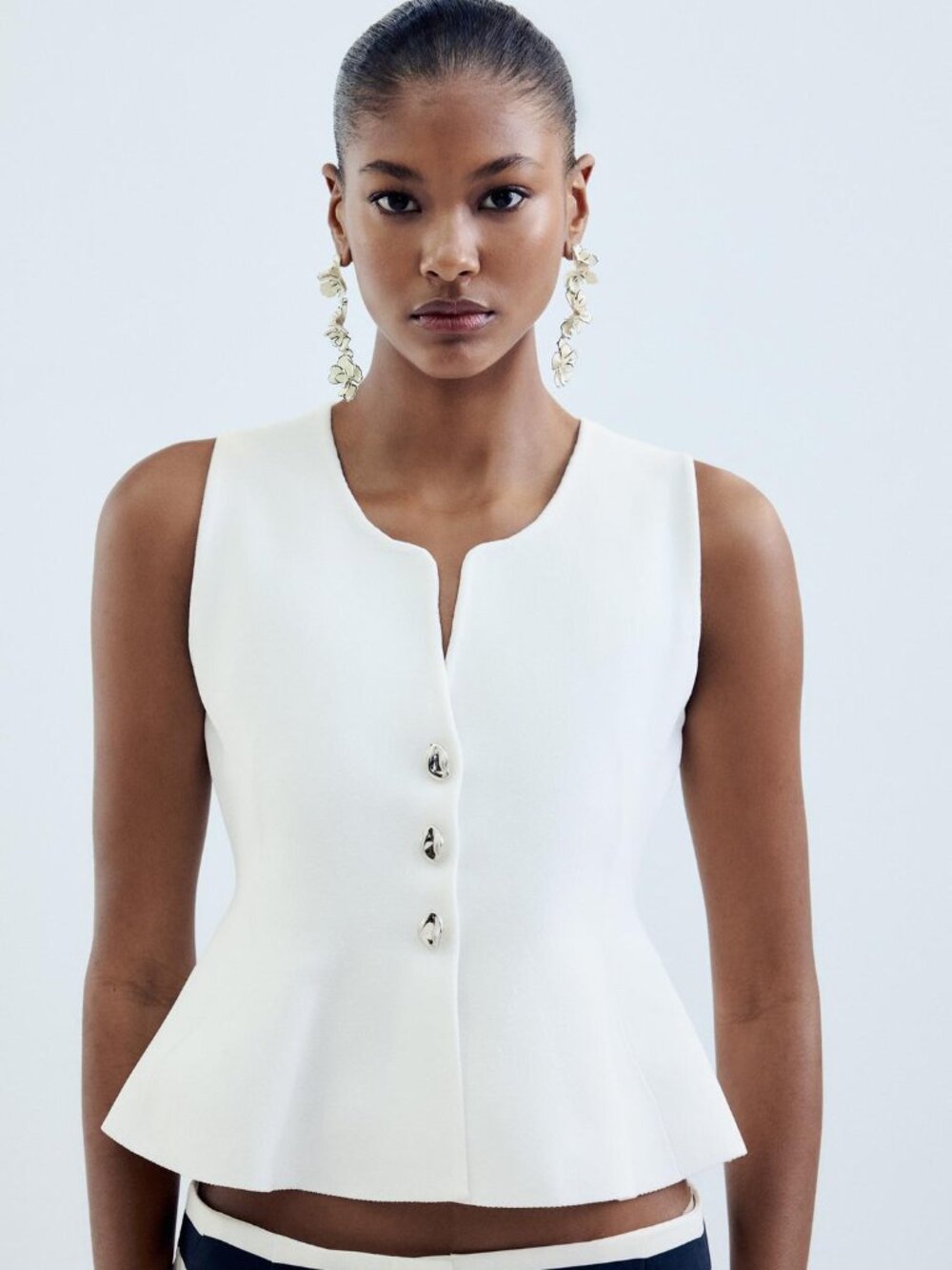 ZARA White Peplum Knit Top Sleeveless Button Front Size Large NWT Summer Minimal